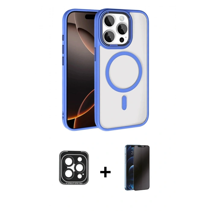 MARSİLYAN™- iPhone 15 Pro Max Kılıf Kıvılcım Prime - Siyah 3D Antistatik Hayalet Cam Ekran Koruyucu + PVD Metal Kamera Lens - SH