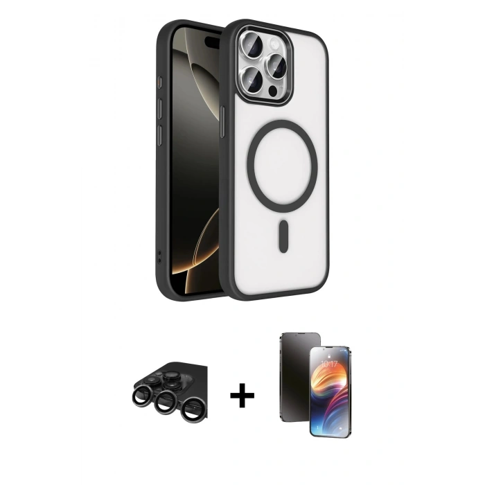 MARSİLYAN™- iPhone 15 Pro Max Kılıf Kıvılcım Prime - Siyah 3D Antistatik Mat Seramik Nano Ekran Koruyucu + Titanyum Gri Raze Metal Kamera Lens