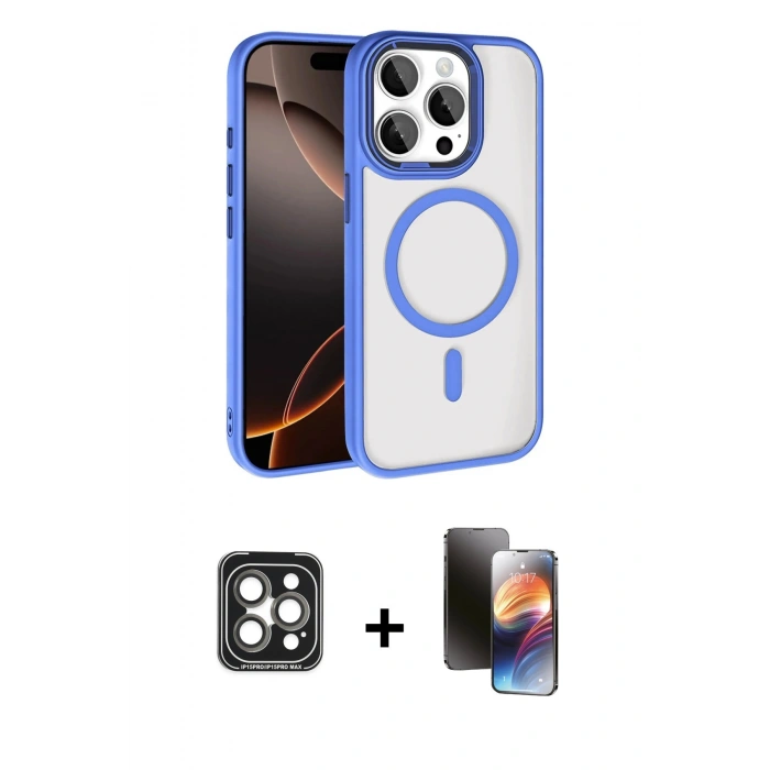 MARSİLYAN™- iPhone 15 Pro Max Kılıf Kıvılcım Prime - Siyah 3D Antistatik Mat Seramik Nano Ekran Koruyucu + Gri PVD Metal Kamera Lens