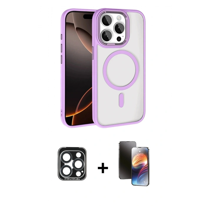 MARSİLYAN™- iPhone 15 Pro Max Kılıf Kıvılcım Prime - Siyah 3D Antistatik Mat Seramik Nano Ekran Koruyucu + PVD Metal Kamera Lens - LT
