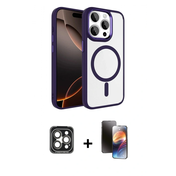 MARSİLYAN™- iPhone 15 Pro Max Kılıf Kıvılcım Prime - Siyah 3D Antistatik Mat Seramik Nano Ekran Koruyucu + Gri PVD Metal Kamera Lens