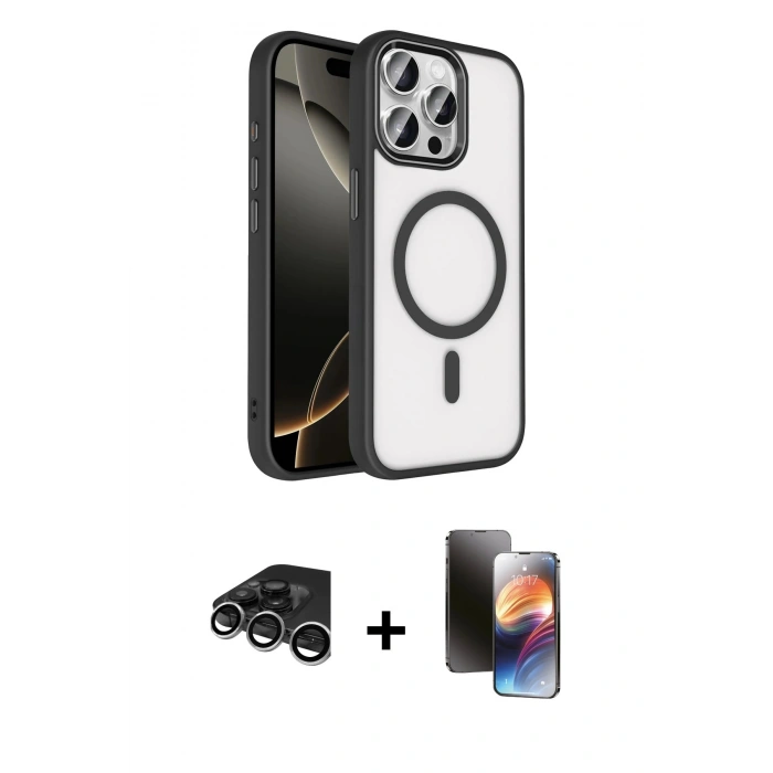 MARSİLYAN™- iPhone 15 Pro Max Kılıf Kıvılcım Prime - Siyah 3D Antistatik Mat Seramik Nano Ekran Koruyucu + Raze Metal Kamera Lens - GS