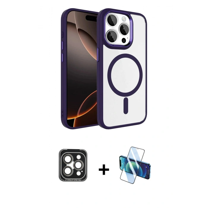MARSİLYAN™- iPhone 15 Pro Max Kılıf Kıvılcım Prime - Siyah 3D Antistatik Seramik Nano Ekran Koruyucu + Gri PVD Metal Kamera Lens