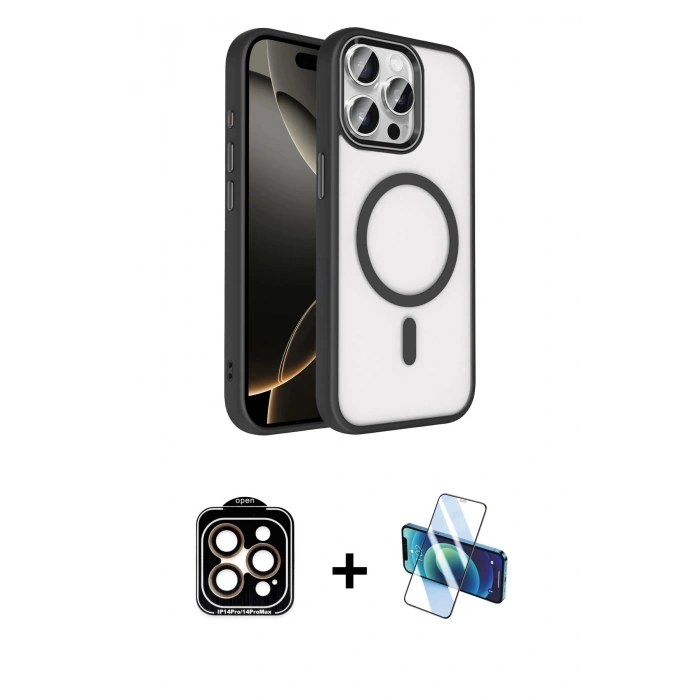 MARSİLYAN™- iPhone 15 Pro Max Kılıf Kıvılcım Prime - Siyah 3D Antistatik Seramik Nano Ekran Koruyucu + PVD Metal Kamera Lens - TU