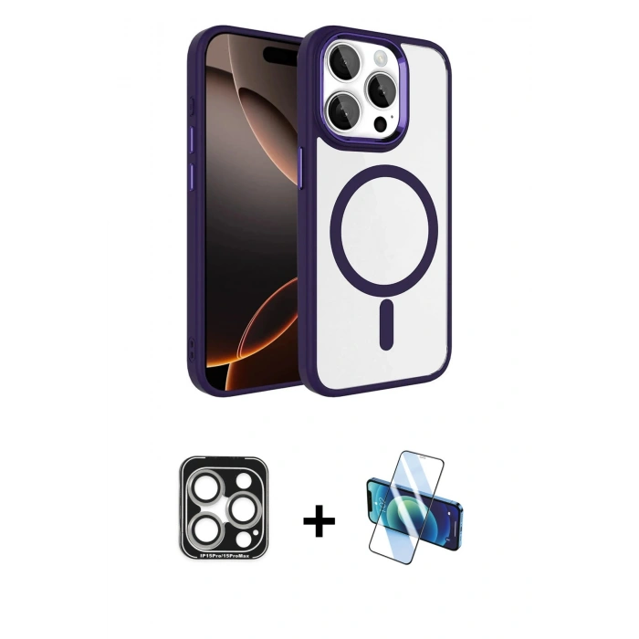 MARSİLYAN™- iPhone 15 Pro Max Kılıf Kıvılcım Prime - Siyah 3D Antistatik Seramik Nano Ekran Koruyucu + PVD Metal Kamera Lens - GS