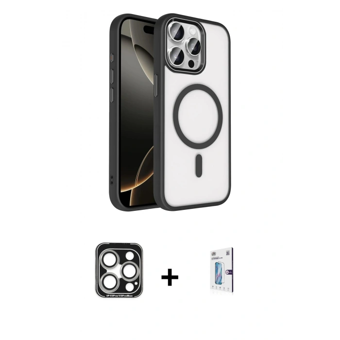 MARSİLYAN™- iPhone 15 Pro Max Kılıf Kıvılcım Prime - Siyah Bilvis 0.18mm Plus Cam Ekran Koruyucu + PVD Metal Kamera Lens - GS