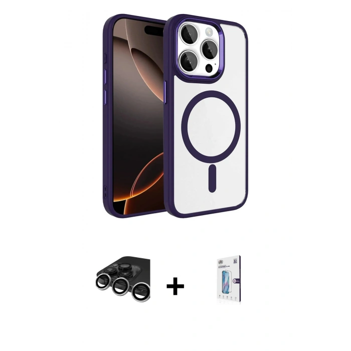 MARSİLYAN™- iPhone 15 Pro Max Kılıf Kıvılcım Prime - Siyah Bilvis 0.18mm Plus Cam Ekran Koruyucu + Raze Metal Kamera Lens - GS