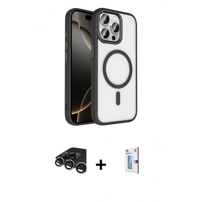 MARSİLYAN™- iPhone 15 Pro Max Kılıf Kıvılcım Prime - Siyah Bilvis 0.18mm Plus Cam Ekran Koruyucu + Raze Metal Kamera Lens - GS