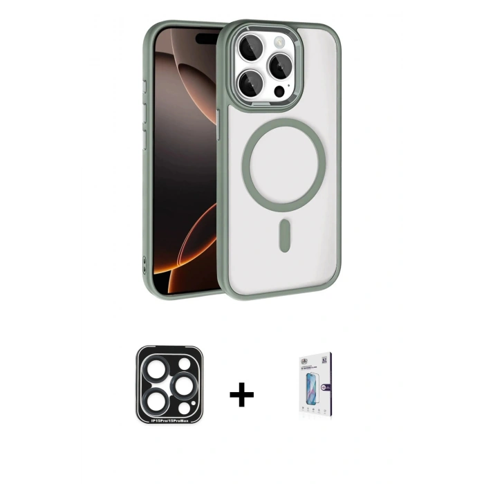 MARSİLYAN™- iPhone 15 Pro Max Kılıf Kıvılcım Prime - Siyah Bilvis 0.18mm Plus Cam Ekran Koruyucu + PVD Metal Kamera Lens - LT