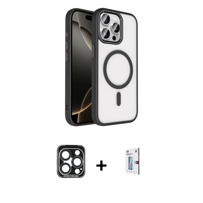 MARSİLYAN™- iPhone 15 Pro Max Kılıf Kıvılcım Prime - Siyah Bilvis 0.18mm Plus Cam Ekran Koruyucu + PVD Metal Kamera Lens - LT