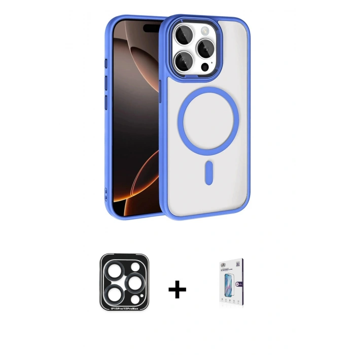 MARSİLYAN™- iPhone 15 Pro Max Kılıf Kıvılcım Prime - Siyah Bilvis 0.18mm Plus Cam Ekran Koruyucu + PVD Metal Kamera Lens - LT