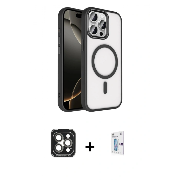 MARSİLYAN™- iPhone 15 Pro Max Kılıf Kıvılcım Prime - Siyah Bilvis 0.18mm Plus Cam Ekran Koruyucu + PVD Metal Kamera Lens - GI