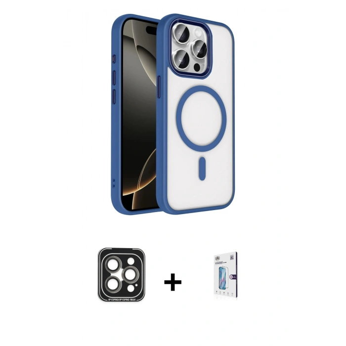 MARSİLYAN™- iPhone 15 Pro Max Kılıf Kıvılcım Prime - Siyah Bilvis 0.18mm Plus Cam Ekran Koruyucu + PVD Metal Kamera Lens - GI