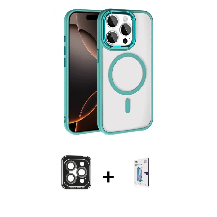MARSİLYAN™- iPhone 15 Pro Max Kılıf Kıvılcım Prime - Siyah Bilvis 0.18mm Plus Cam Ekran Koruyucu + PVD Metal Kamera Lens - GI