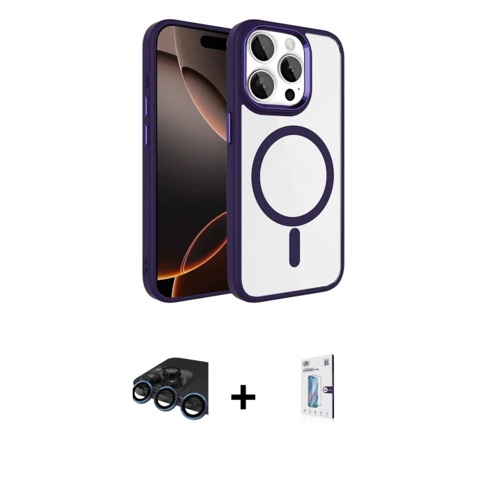 MARSİLYAN™- iPhone 15 Pro Max Kılıf Kıvılcım Prime - Siyah Bilvis 0.18mm Plus Cam Ekran Koruyucu + Raze Metal Kamera Lens - LT