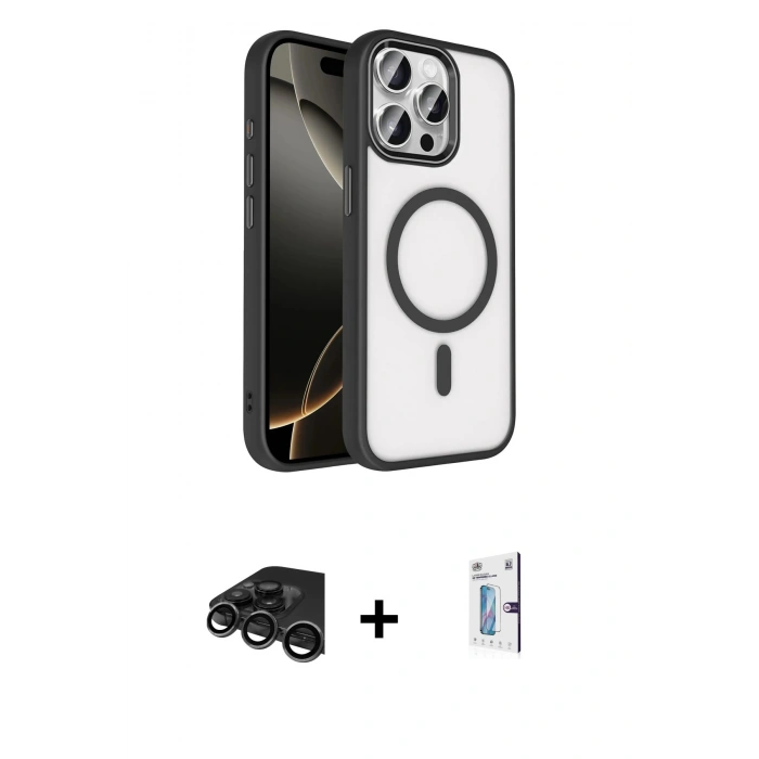 MARSİLYAN™- iPhone 15 Pro Max Kılıf Kıvılcım Prime - Siyah Bilvis 0.18mm Plus Cam Ekran Koruyucu + Raze Metal Kamera Lens - TMGI