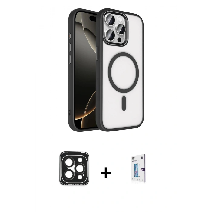 MARSİLYAN™- iPhone 15 Pro Max Kılıf Kıvılcım Prime - Siyah Bilvis 0.18mm Plus Cam Ekran Koruyucu + PVD Metal Kamera Lens - SH