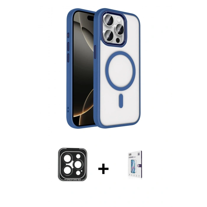 MARSİLYAN™- iPhone 15 Pro Max Kılıf Kıvılcım Prime - Siyah Bilvis 0.18mm Plus Cam Ekran Koruyucu + PVD Metal Kamera Lens - SH