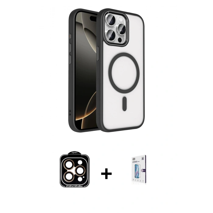 MARSİLYAN™- iPhone 15 Pro Max Kılıf Kıvılcım Prime - Siyah Bilvis 0.18mm Plus Cam Ekran Koruyucu + Turuncu PVD Metal Kamera Lens