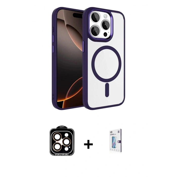 MARSİLYAN™- iPhone 15 Pro Max Kılıf Kıvılcım Prime - Siyah Bilvis 0.18mm Plus Cam Ekran Koruyucu + Turuncu PVD Metal Kamera Lens
