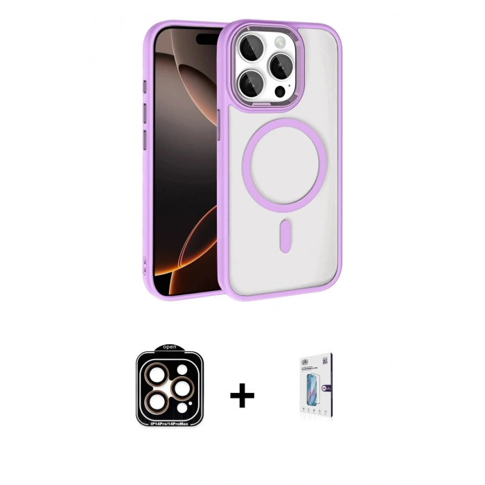 MARSİLYAN™- iPhone 15 Pro Max Kılıf Kıvılcım Prime - Siyah Bilvis 0.18mm Plus Cam Ekran Koruyucu + Turuncu PVD Metal Kamera Lens