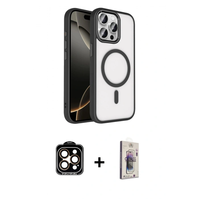 MARSİLYAN™- iPhone 15 Pro Max Kılıf Kıvılcım Prime - Siyah Bilvis 3D Cam Ekran Koruyucu + PVD Metal Kamera Lens - TU