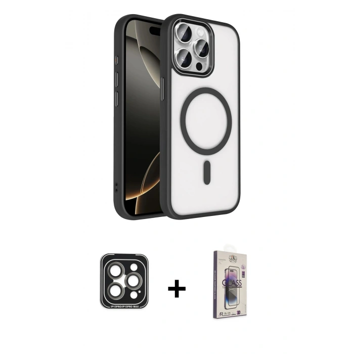 MARSİLYAN™- iPhone 15 Pro Max Kılıf Kıvılcım Prime - Siyah Bilvis 3D Cam Ekran Koruyucu + PVD Metal Kamera Lens - GI