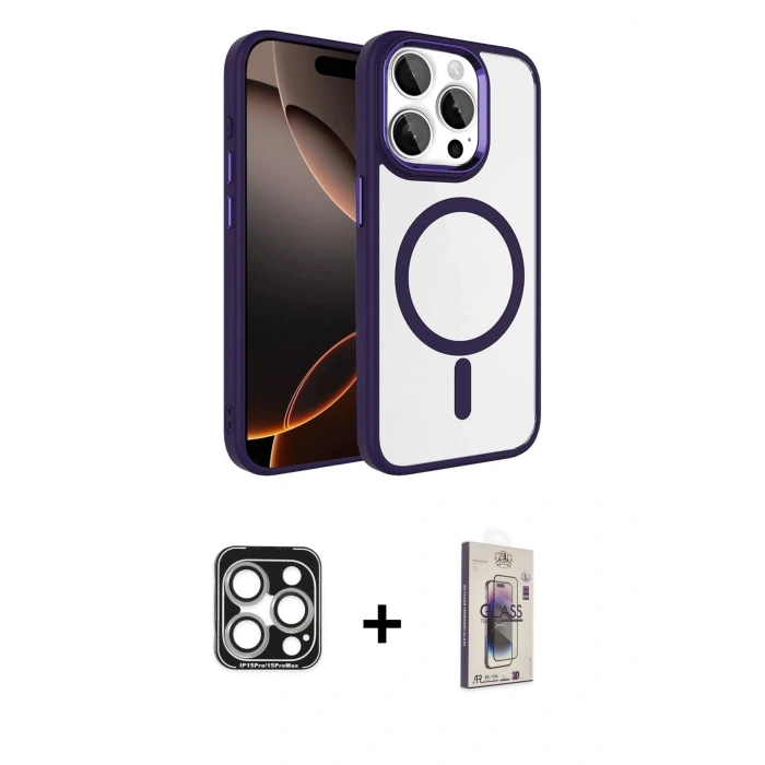 MARSİLYAN™- iPhone 15 Pro Max Kılıf Kıvılcım Prime - Siyah Bilvis 3D Cam Ekran Koruyucu + PVD Metal Kamera Lens - GS