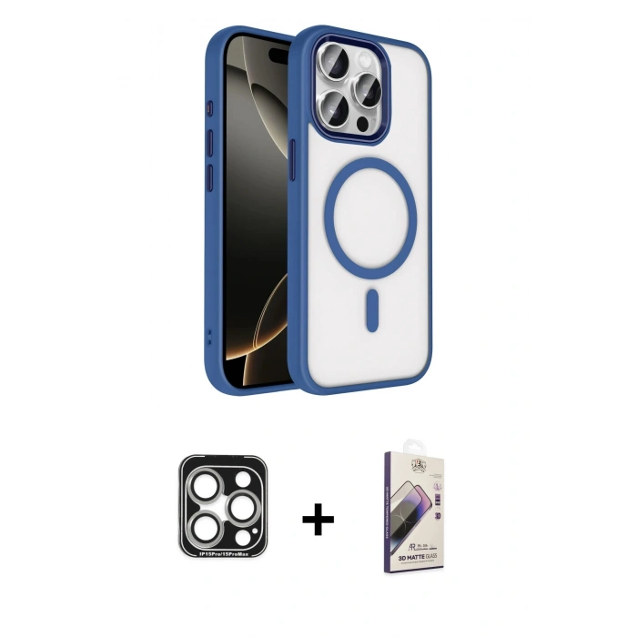 MARSİLYAN™- iPhone 15 Pro Max Kılıf Kıvılcım Prime - Siyah Bilvis 3D Mat Cam Ekran Koruyucu + PVD Metal Kamera Lens - GS