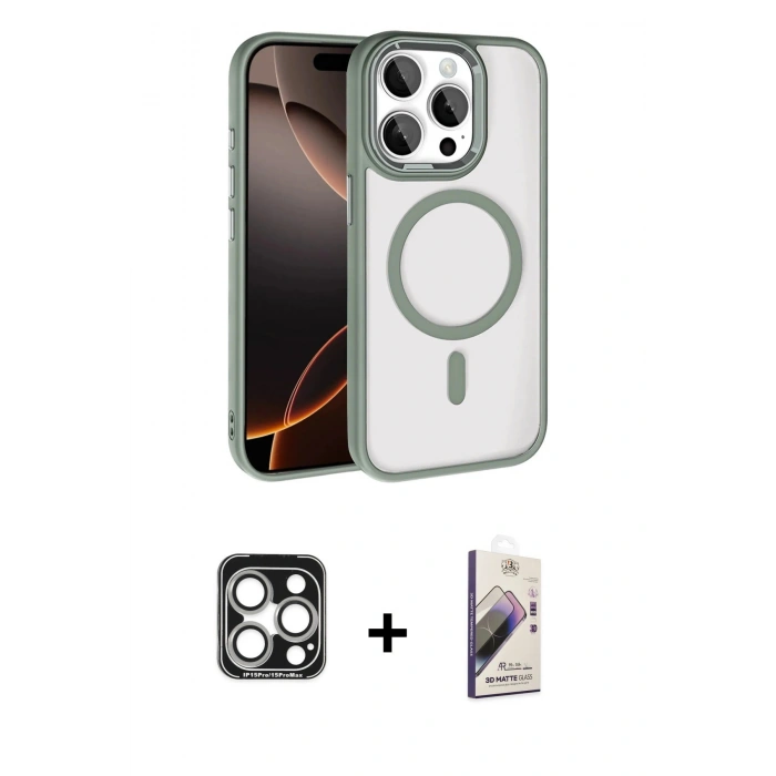 MARSİLYAN™- iPhone 15 Pro Max Kılıf Kıvılcım Prime - Siyah Bilvis 3D Mat Cam Ekran Koruyucu + PVD Metal Kamera Lens - GS