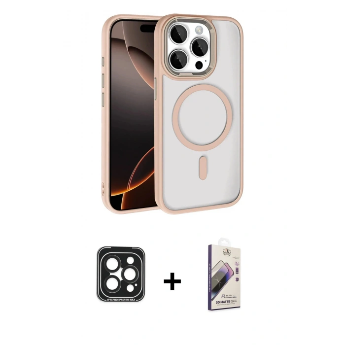MARSİLYAN™- iPhone 15 Pro Max Kılıf Kıvılcım Prime - Siyah Bilvis 3D Mat Cam Ekran Koruyucu + PVD Metal Kamera Lens - SH