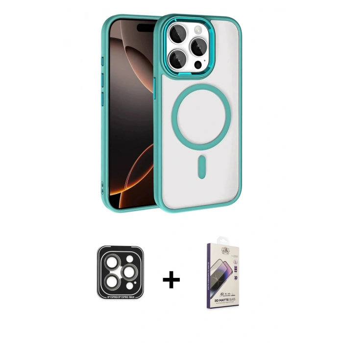 MARSİLYAN™- iPhone 15 Pro Max Kılıf Kıvılcım Prime - Siyah Bilvis 3D Mat Cam Ekran Koruyucu + PVD Metal Kamera Lens - GI