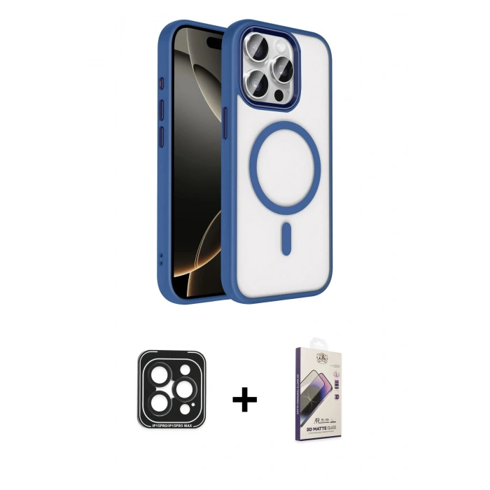 MARSİLYAN™- iPhone 15 Pro Max Kılıf Kıvılcım Prime - Siyah Bilvis 3D Mat Cam Ekran Koruyucu + PVD Metal Kamera Lens - SH