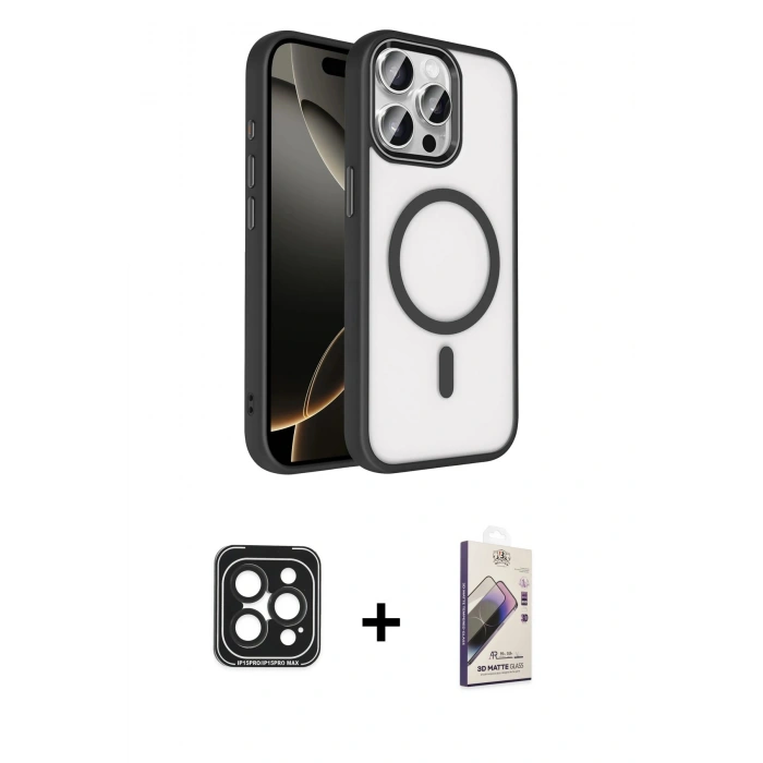 MARSİLYAN™- iPhone 15 Pro Max Kılıf Kıvılcım Prime - Siyah Bilvis 3D Mat Cam Ekran Koruyucu + PVD Metal Kamera Lens - SH