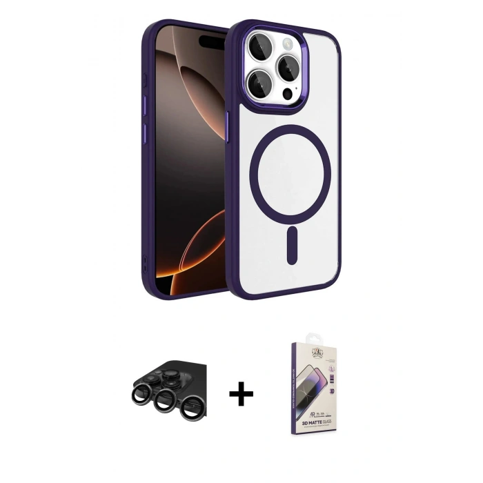 MARSİLYAN™- iPhone 15 Pro Max Kılıf Kıvılcım Prime - Siyah Bilvis 3D Mat Cam Ekran Koruyucu + Raze Metal Kamera Lens - TMGI