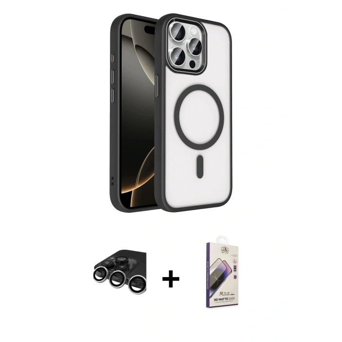 MARSİLYAN™- iPhone 15 Pro Max Kılıf Kıvılcım Prime - Siyah Bilvis 3D Mat Cam Ekran Koruyucu + Raze Metal Kamera Lens - GS