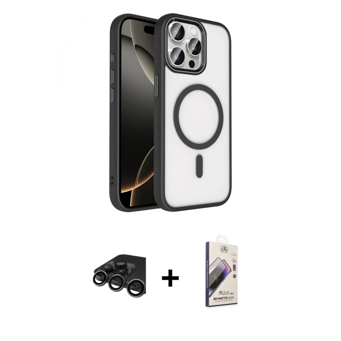 MARSİLYAN™- iPhone 15 Pro Max Kılıf Kıvılcım Prime - Siyah Bilvis 3D Mat Cam Ekran Koruyucu + Raze Metal Kamera Lens - TMGI