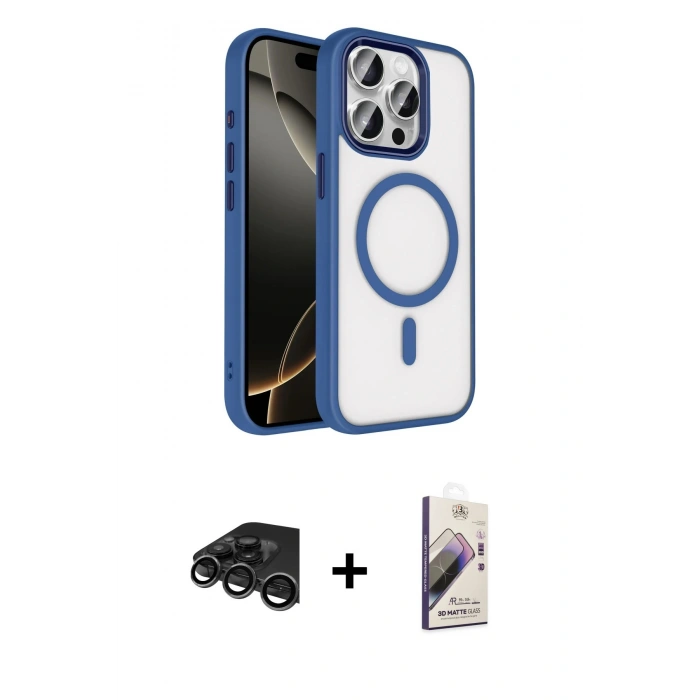 MARSİLYAN™- iPhone 15 Pro Max Kılıf Kıvılcım Prime - Siyah Bilvis 3D Mat Cam Ekran Koruyucu + Raze Metal Kamera Lens - TMGI
