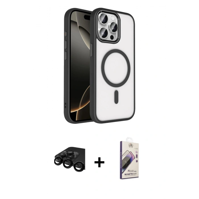 MARSİLYAN™- iPhone 15 Pro Max Kılıf Kıvılcım Prime - Siyah Bilvis 3D Mat Cam Ekran Koruyucu + Raze Metal Kamera Lens - SH