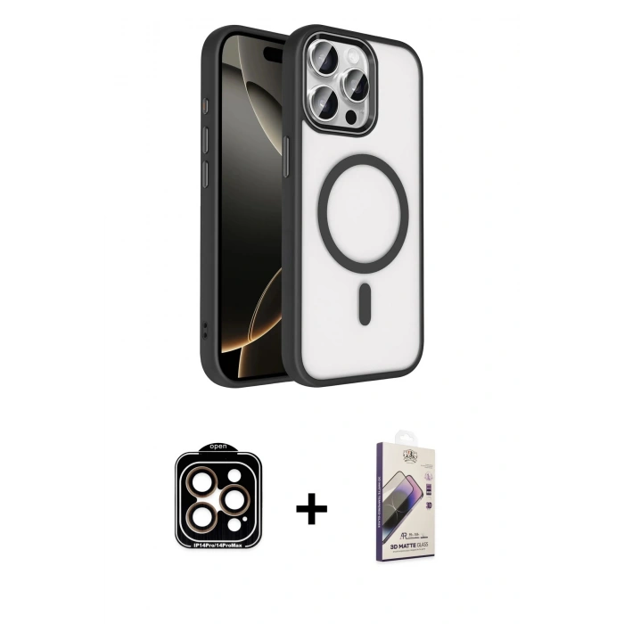 MARSİLYAN™- iPhone 15 Pro Max Kılıf Kıvılcım Prime - Siyah Bilvis 3D Mat Cam Ekran Koruyucu + PVD Metal Kamera Lens - TU