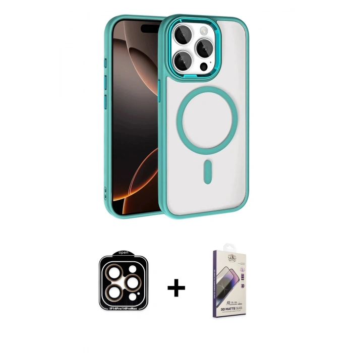 MARSİLYAN™- iPhone 15 Pro Max Kılıf Kıvılcım Prime - Siyah Bilvis 3D Mat Cam Ekran Koruyucu + PVD Metal Kamera Lens - TU