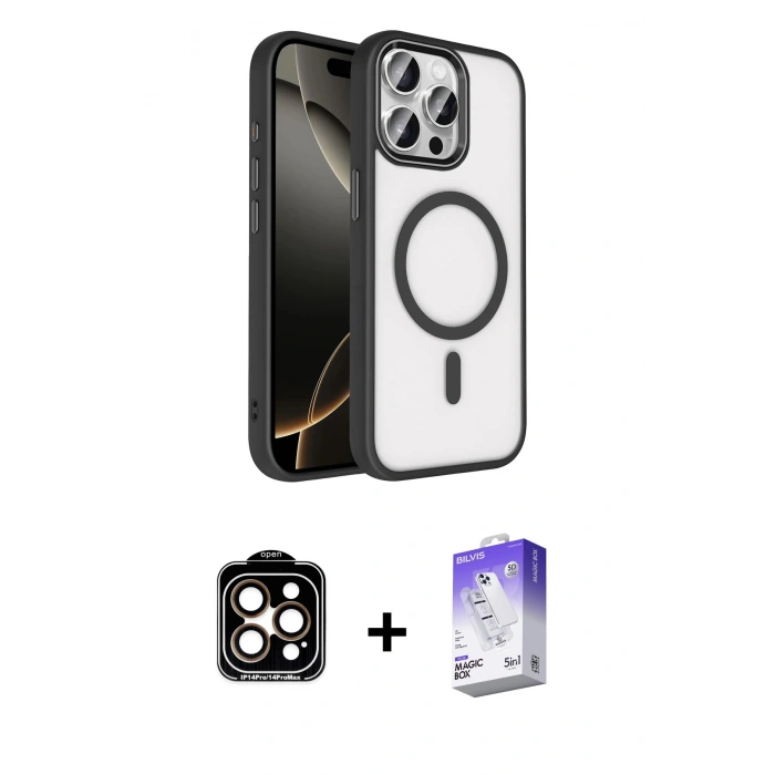 MARSİLYAN™- iPhone 15 Pro Max Kılıf Kıvılcım Prime - Siyah Bilvis 5in1 3D Magic Cam Ekran Koruyucu + PVD Metal Kamera Lens - TU