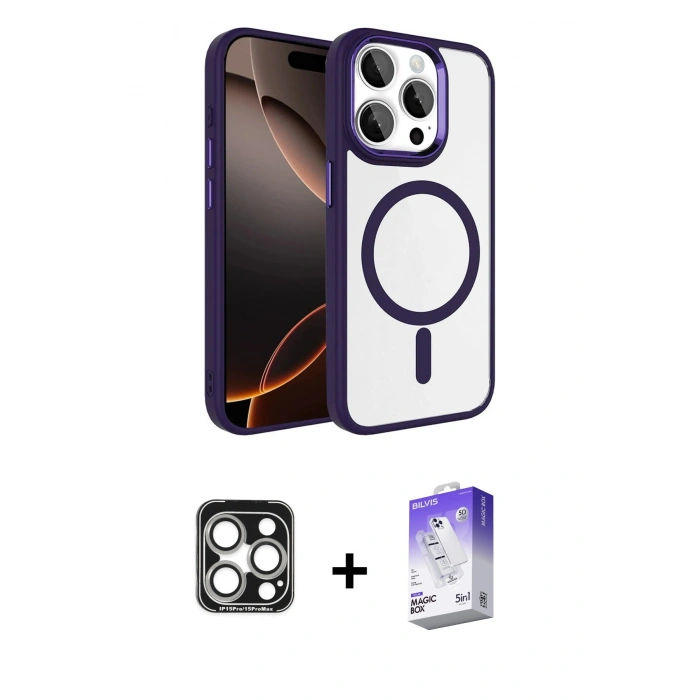 MARSİLYAN™- iPhone 15 Pro Max Kılıf Kıvılcım Prime - Siyah Bilvis 5in1 3D Magic Cam Ekran Koruyucu + PVD Metal Kamera Lens - GS