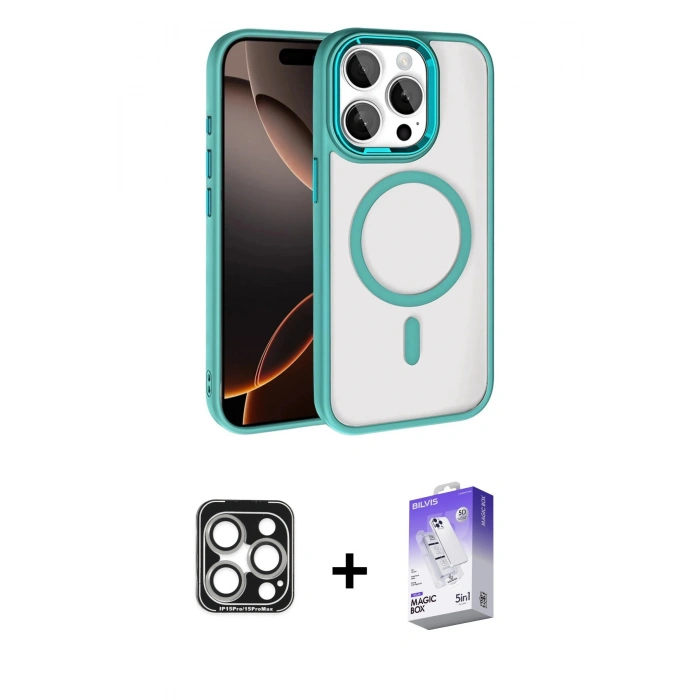 MARSİLYAN™- iPhone 15 Pro Max Kılıf Kıvılcım Prime - Siyah Bilvis 5in1 3D Magic Cam Ekran Koruyucu + PVD Metal Kamera Lens - GS