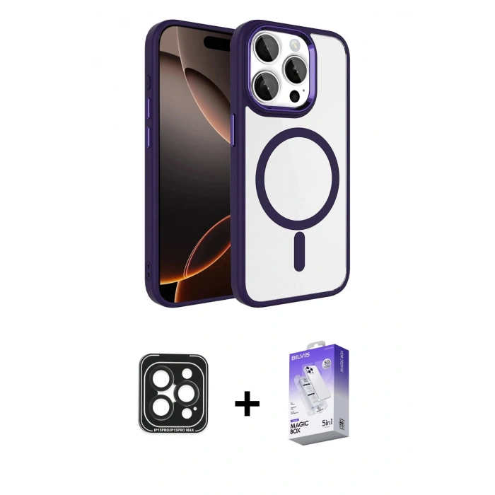 MARSİLYAN™- iPhone 15 Pro Max Kılıf Kıvılcım Prime - Siyah Bilvis 5in1 3D Magic Cam Ekran Koruyucu + PVD Metal Kamera Lens - SH
