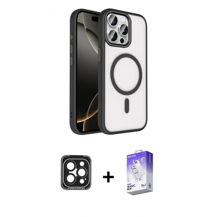 MARSİLYAN™- iPhone 15 Pro Max Kılıf Kıvılcım Prime - Siyah Bilvis 5in1 3D Magic Cam Ekran Koruyucu + PVD Metal Kamera Lens - SH