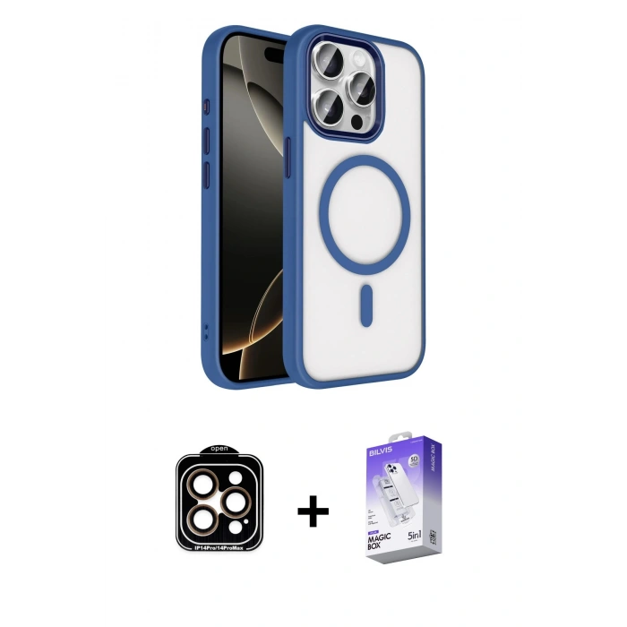 MARSİLYAN™- iPhone 15 Pro Max Kılıf Kıvılcım Prime - Siyah Bilvis 5in1 3D Magic Cam Ekran Koruyucu + PVD Metal Kamera Lens - TU
