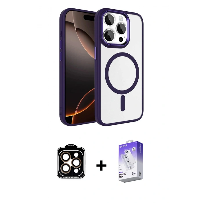 MARSİLYAN™- iPhone 15 Pro Max Kılıf Kıvılcım Prime - Siyah Bilvis 5in1 3D Magic Cam Ekran Koruyucu + PVD Metal Kamera Lens - TU