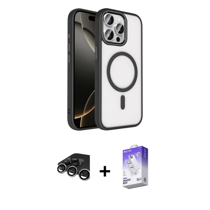 MARSİLYAN™- iPhone 15 Pro Max Kılıf Kıvılcım Prime - Siyah Bilvis 5in1 3D Magic Cam Ekran Koruyucu + Raze Metal Kamera Lens - GS