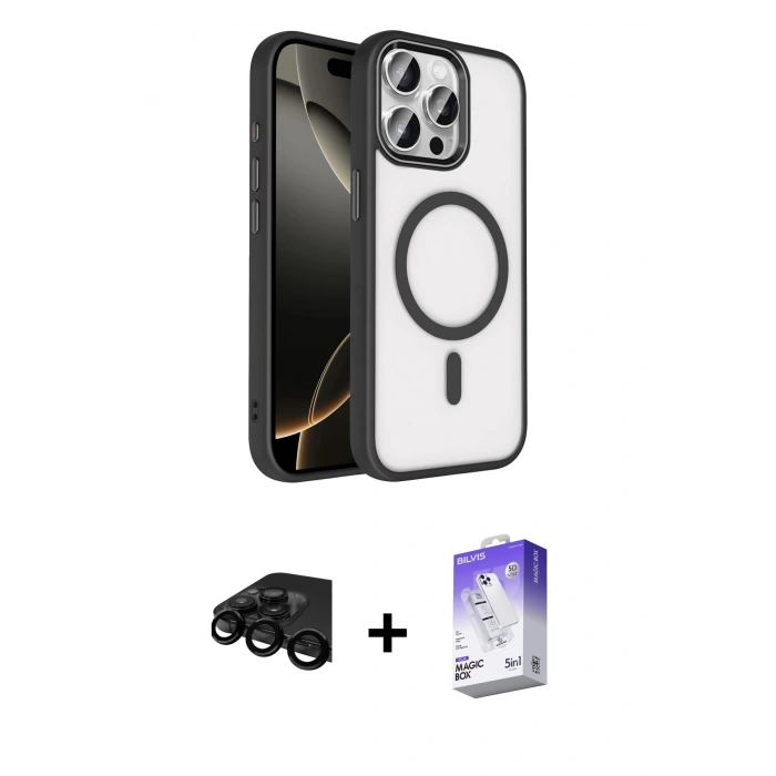 MARSİLYAN™- iPhone 15 Pro Max Kılıf Kıvılcım Prime - Siyah Bilvis 5in1 3D Magic Cam Ekran Koruyucu + Raze Metal Kamera Lens - SH
